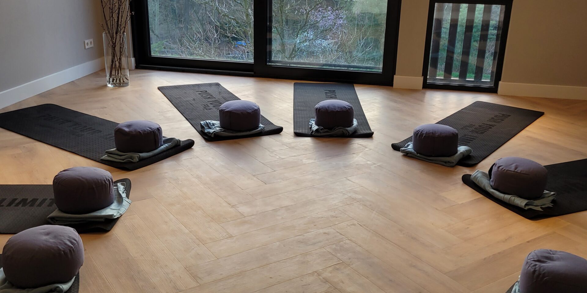Mindfulness en yoga ruimte Mindfulness en yoga ruimte bij Suenja Trainingen met uitzicht op het Amsterdamse bos.